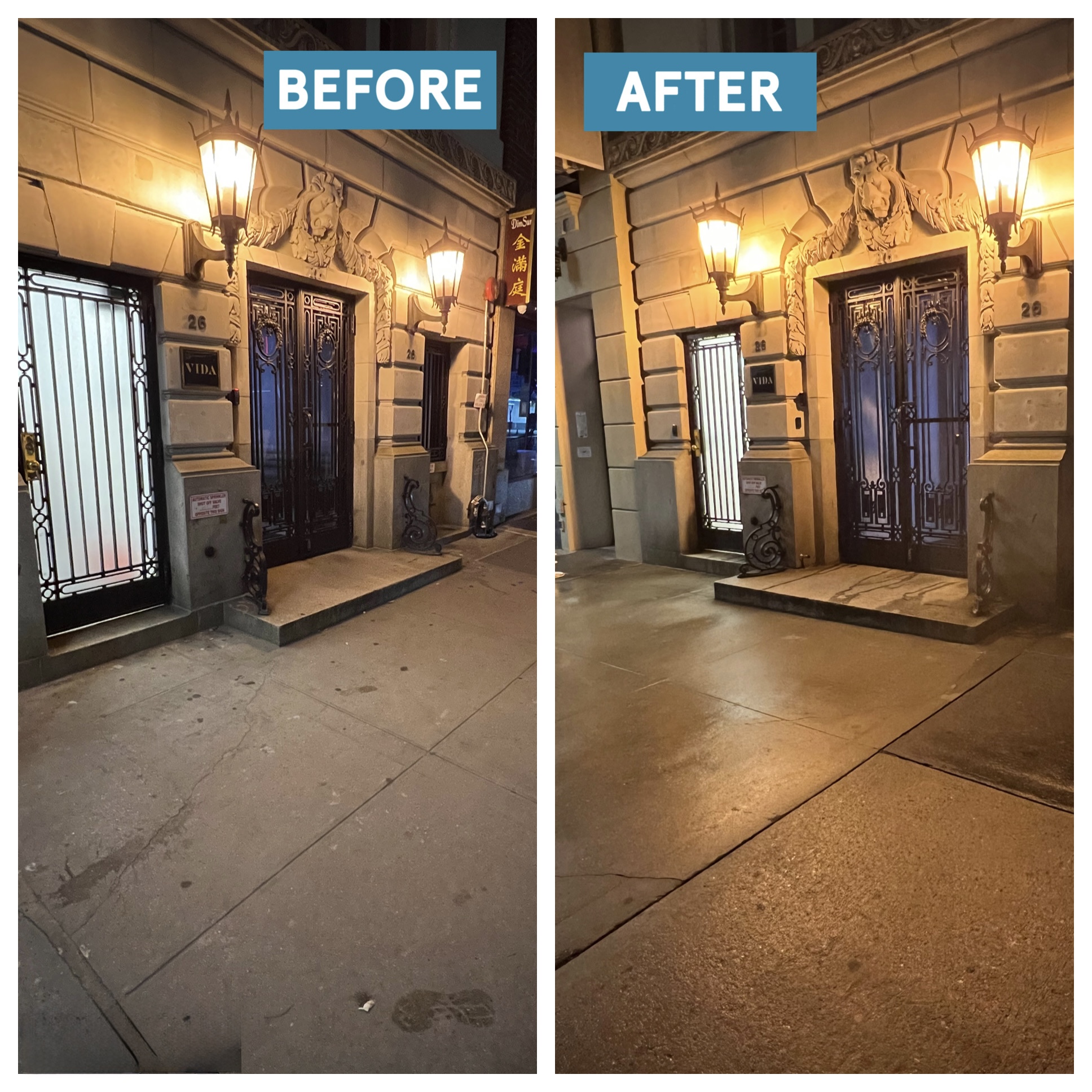 Ornate brownstone entryway before and after sidewalk cleaning