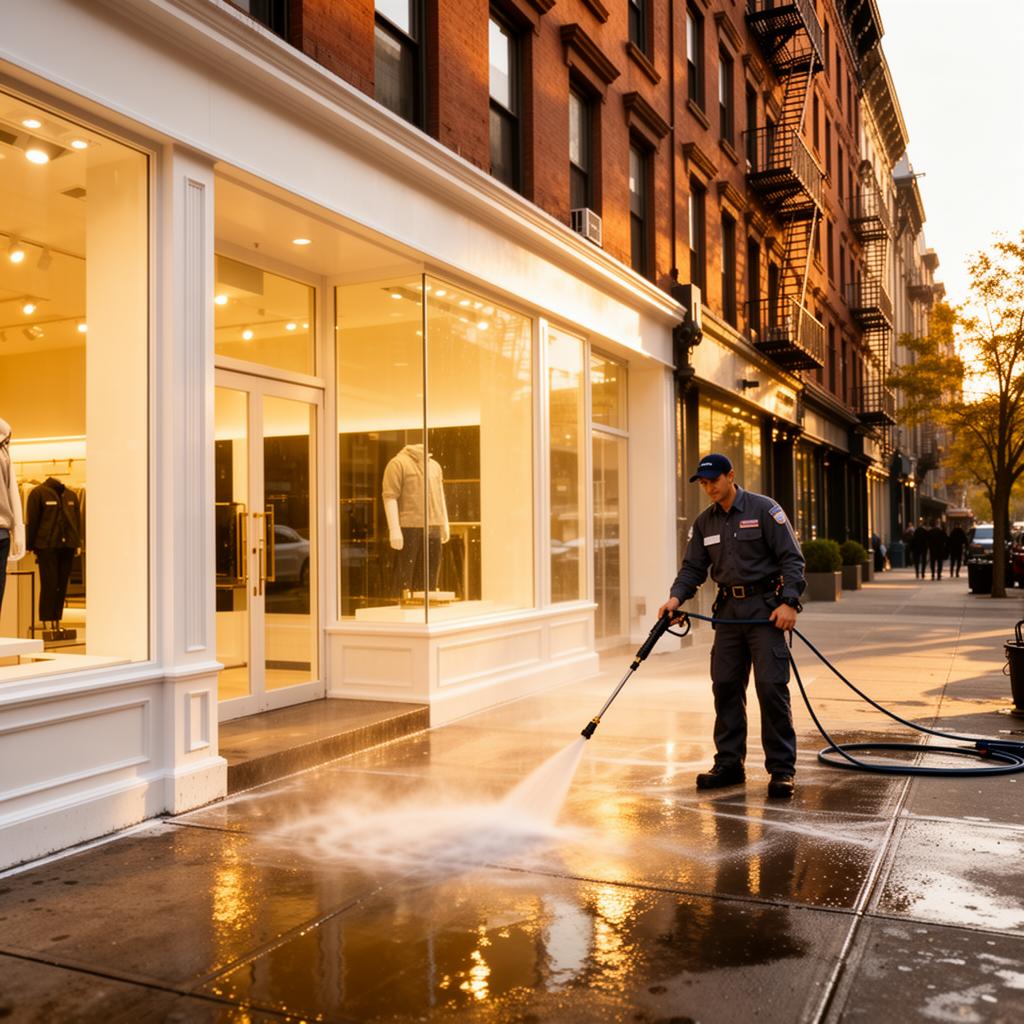 Power Crew NYC technician pressure washing a Manhattan storefront sidewalk at sunrise